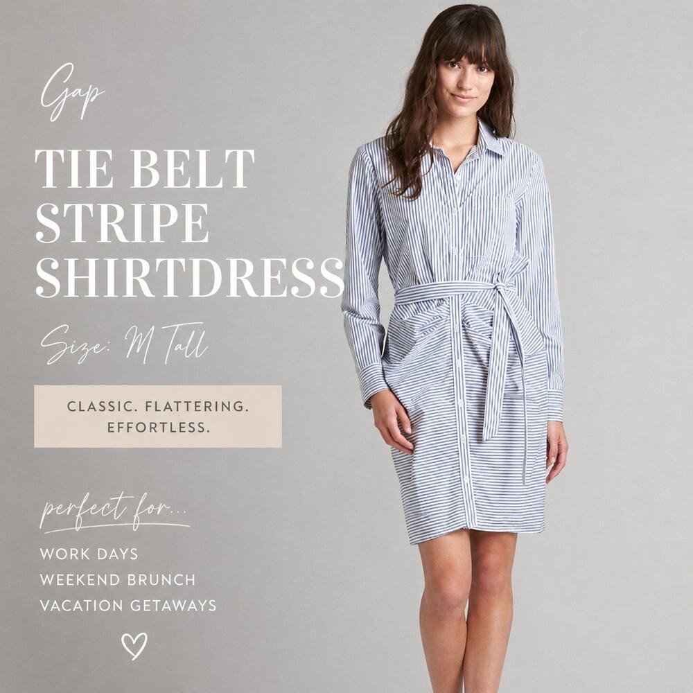 Gap Shirt Dress Medium Tall Blue White Stripe Button UP Tie Waist Career Preppy